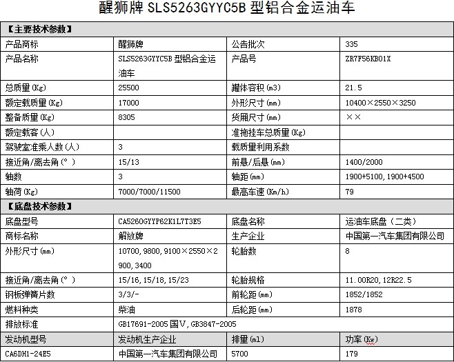 油罐车整车公告参数