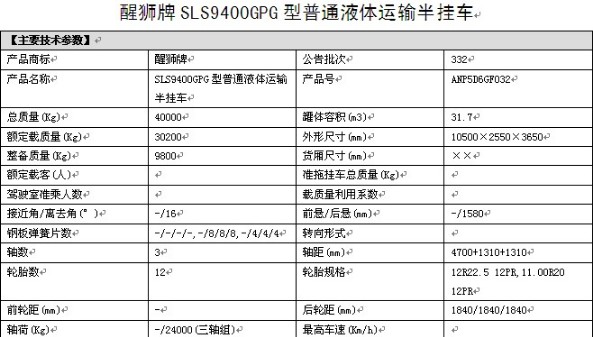 随州力神醒狮牌SLS9400GPG型普通液体运输半挂车整车参数