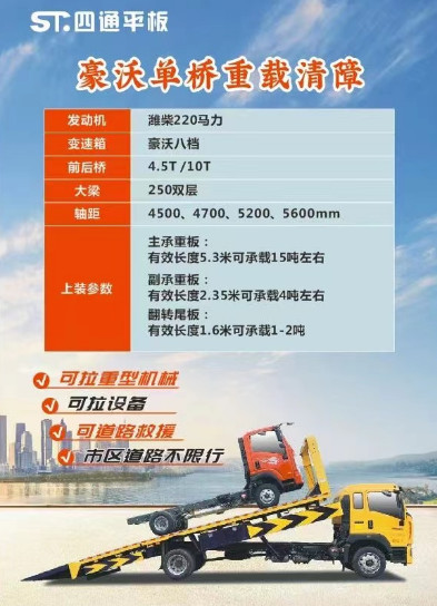 重汽豪沃G5X国六重载平板清障车
