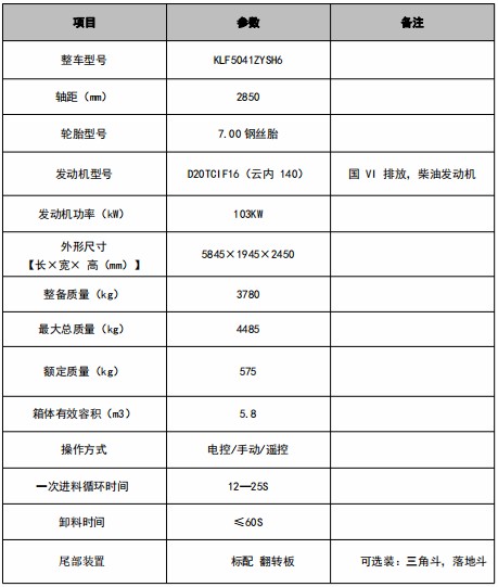 5.8方江淮威铃K3压缩垃圾车技术参数