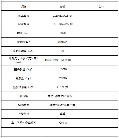 国六福田祥菱V勾臂垃圾车产品主要技术参数